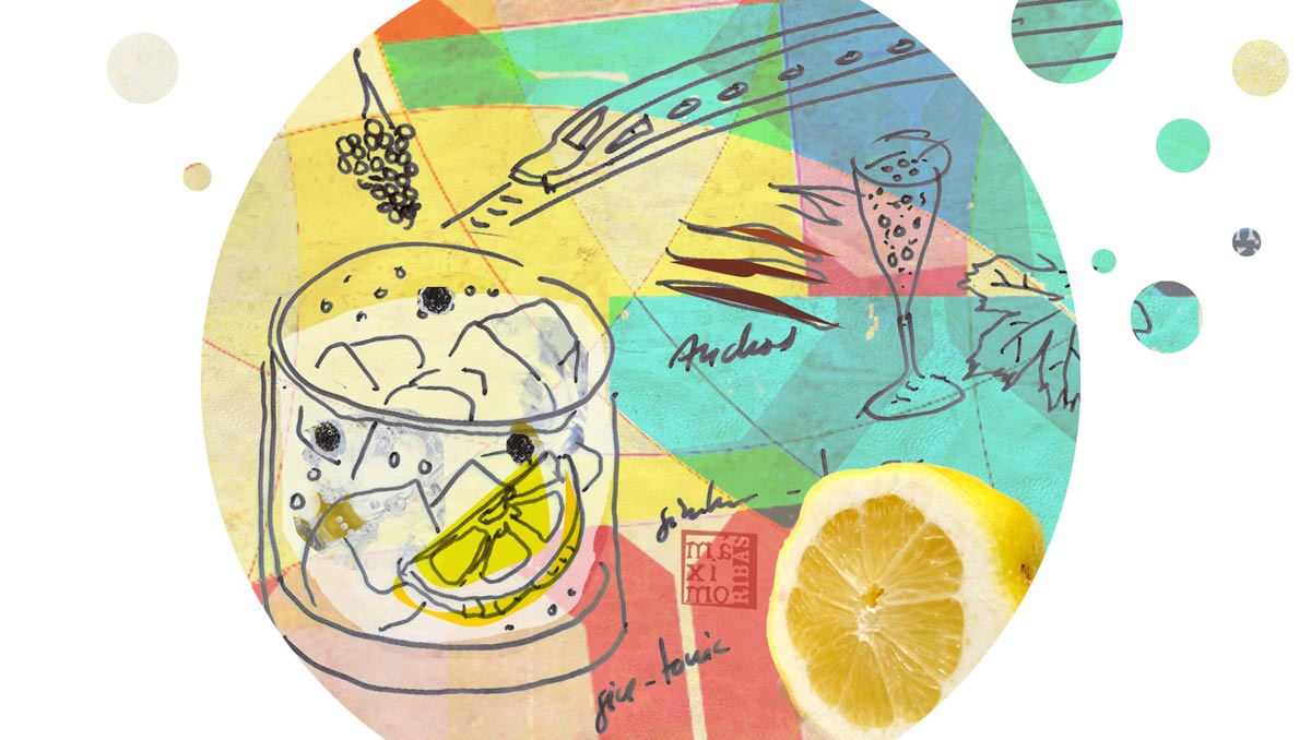 Ilustración sobre el gin tonic, con foto de limón, dubujo de vaso con gin tonic, el ave, anchoas y copa de cava