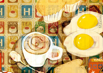 Ilustración sobre los desayunos en los hoteles realizada por Máximo Ribas