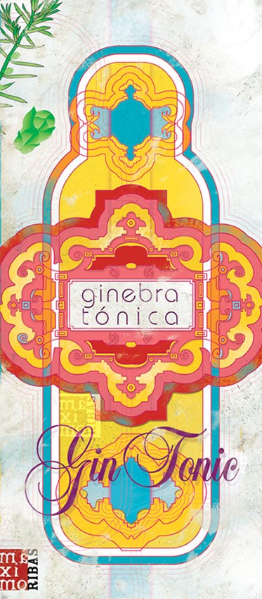 ilustración dibujo de botella de gin tonic realizada por Máximo Ribas para el texto de José Manuel Vilabella en la revista Sobremesa. Publicado en septiembre de 2013, en la Revista de Gastronomía Sobremesa, en el número 326.