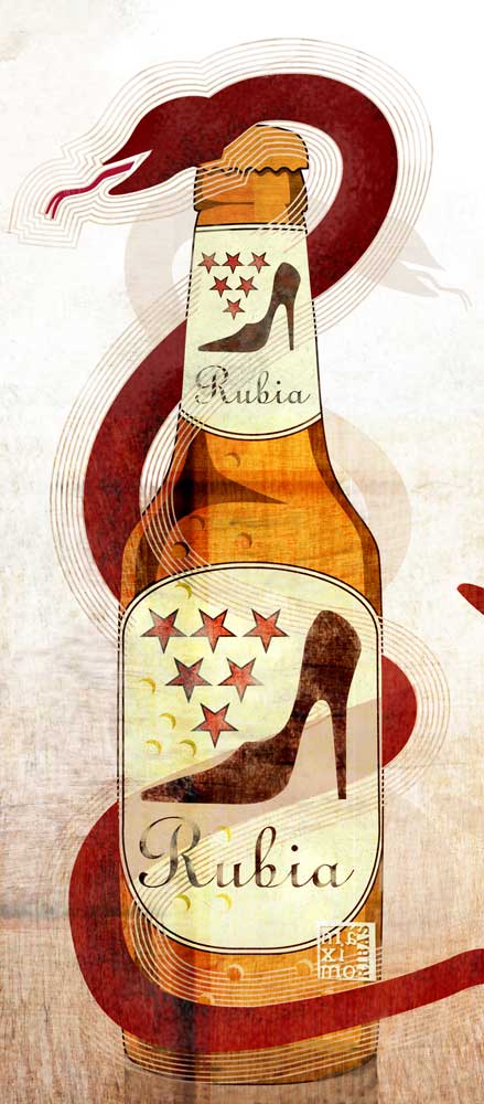 Ilustración sobre las rubias peligrosas disfrazadas de cerveza realizada por Máximo Ribas