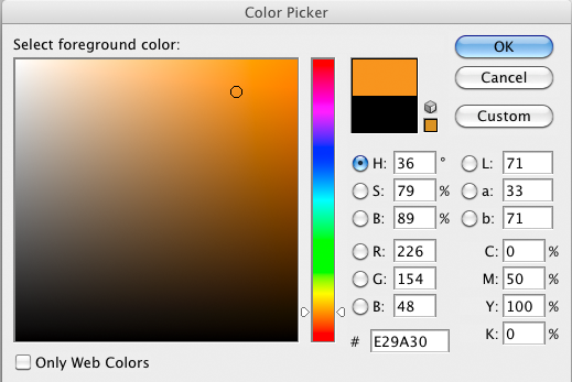 foto del panel de control del color de Adobe Photoshop 8, con el color naranja