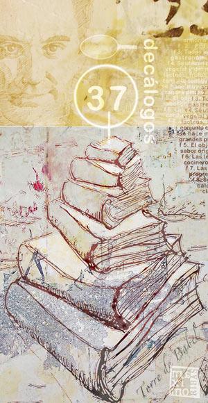 ilustración de Máximo Ribas sobre la torre de babel y ferran adria formada por libros como símbolo de la respuesta creativa gastronomica