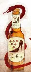 Ilustración figurativa de Máximo Ribas con un dibujo a color de la cerveza, la serpiente y los zapatos de tacón de la rubia