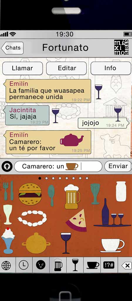 ilustracción de Máximo Ribas para la revista Sobremesa: dibujo de un iphone con iconos gastronómicos y una conversación de whatsapp